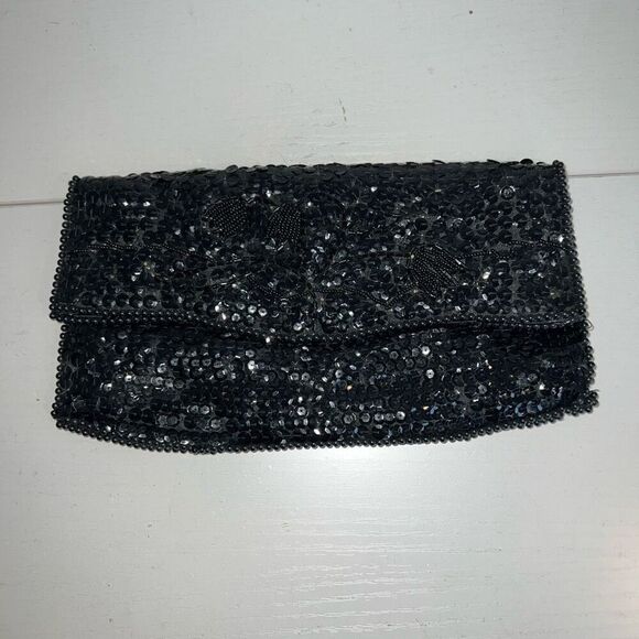 Vintage La Regale Black Beaded /Sequins Clutch Fold Over Flap Evening Bag Japan - Picture 1 of 6